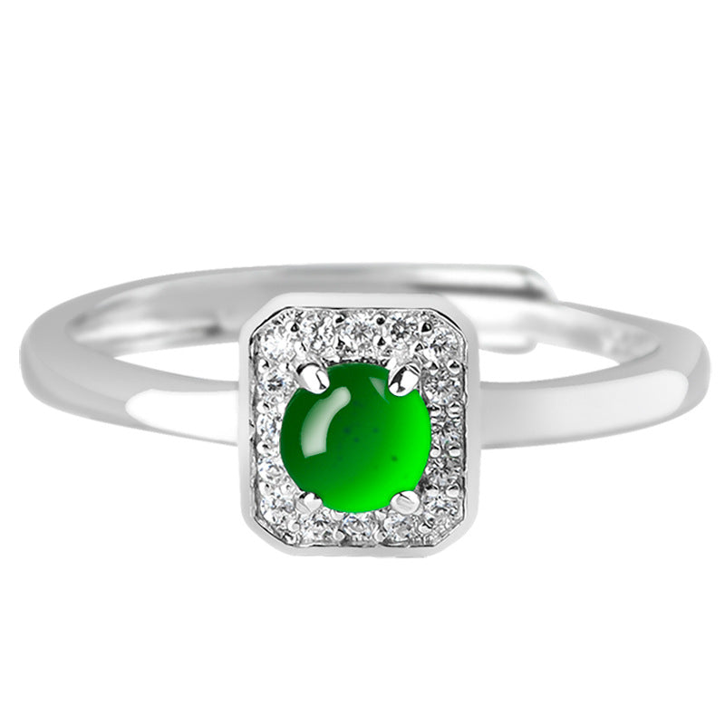 S925 Sterling Silver Set Grade A Ice-Type Vibrant Green Jadeite Cabochon Halo Adjustable Ring