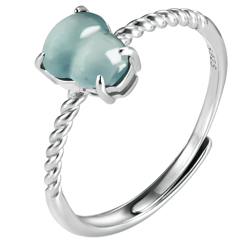 S925 Sterling Silver Set Grade A Ice-Type Blue Water Jadeite Jade Gourd Adjustable Ring