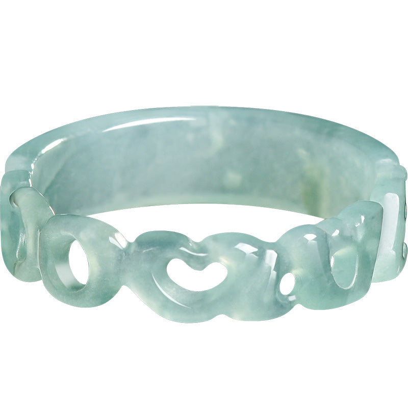 Grade A Ice-Type Blue Water Jadeite Jade LOVE Script Carved Solid Band Ring