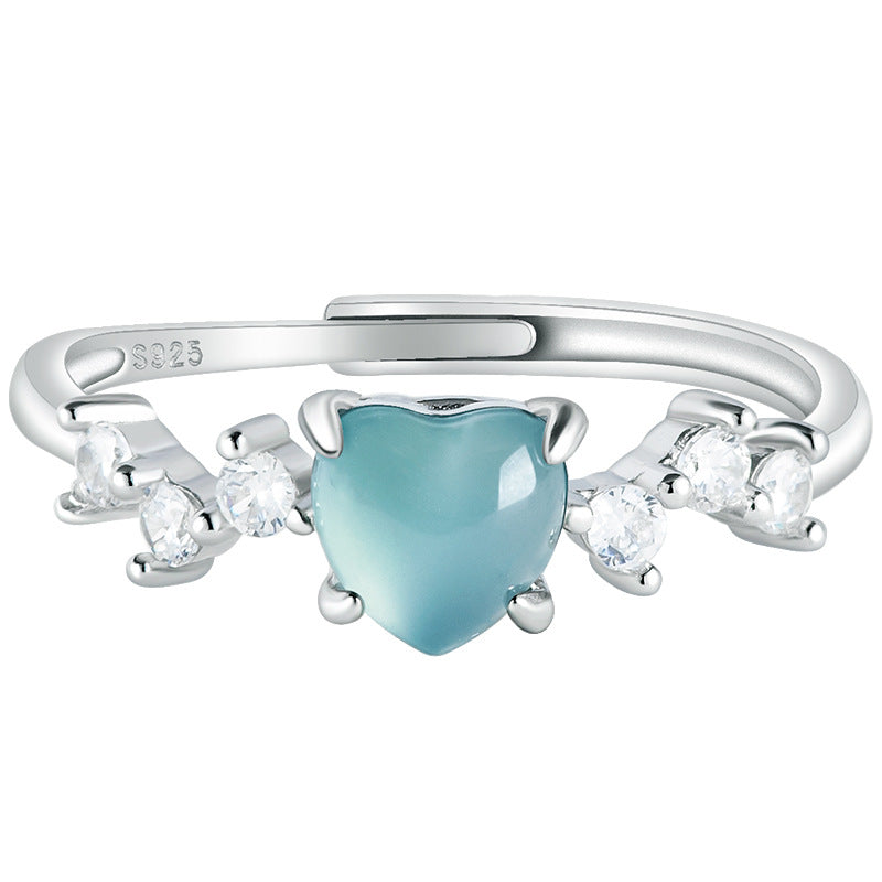 S925 Sterling Silver Set Grade A Ice-Type Blue Water Jadeite Jade Heart-Shaped Adjustable Ring