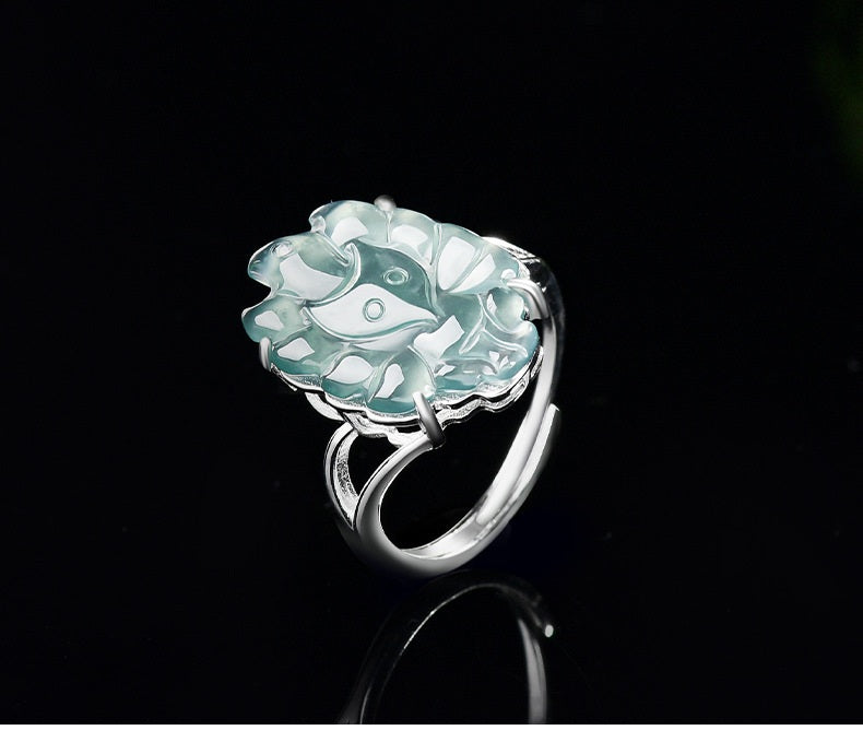 S925 Sterling Silver Set Grade A Ice-Type Blue Water Jadeite Jade Nine-Tailed Fox Adjustable Ring