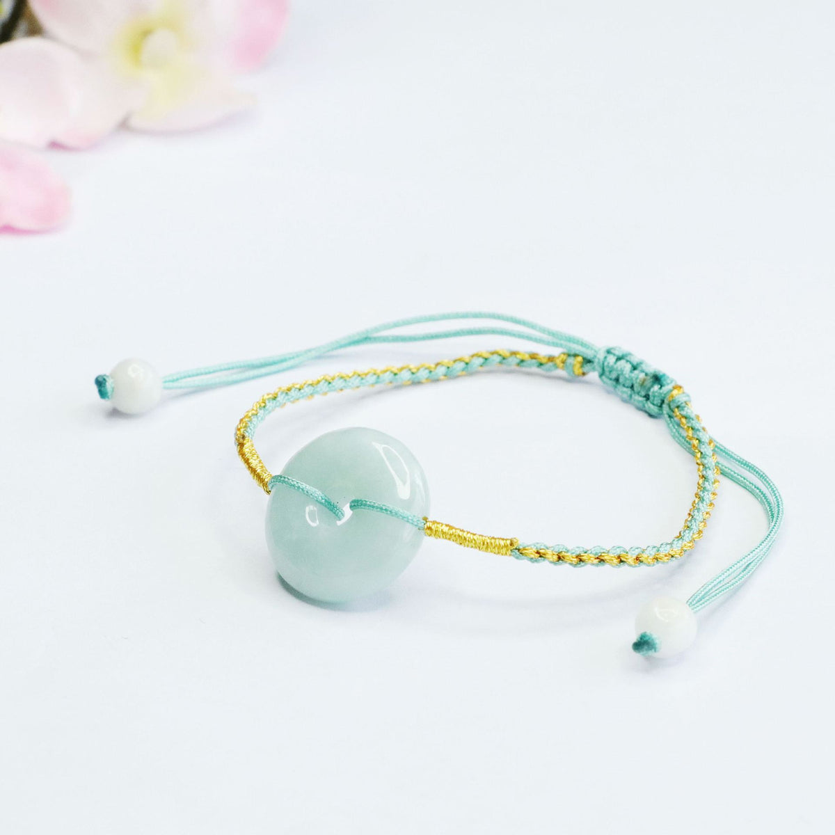 Burmese Grade A Jadeite Ping An Kou Woven Cord Bracelet