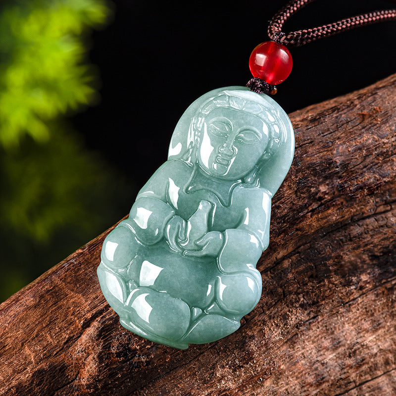 Blue Water Ice Jadeite Jade Guanyin and Laughing Buddha Pendant Necklace Set