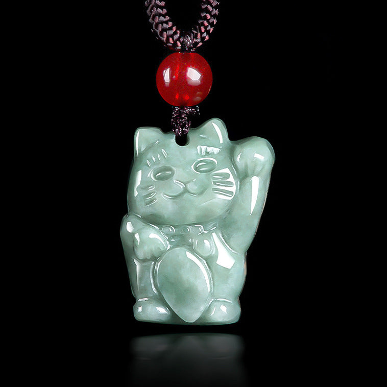 Blue Water Jadeite Jade Lucky Cat Pendant Necklace