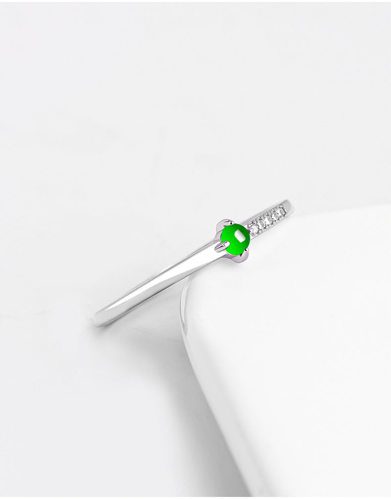 S925 Sterling Silver Set Grade A Ice-Type Vibrant Green Jadeite Cabochon Minimalist Ring