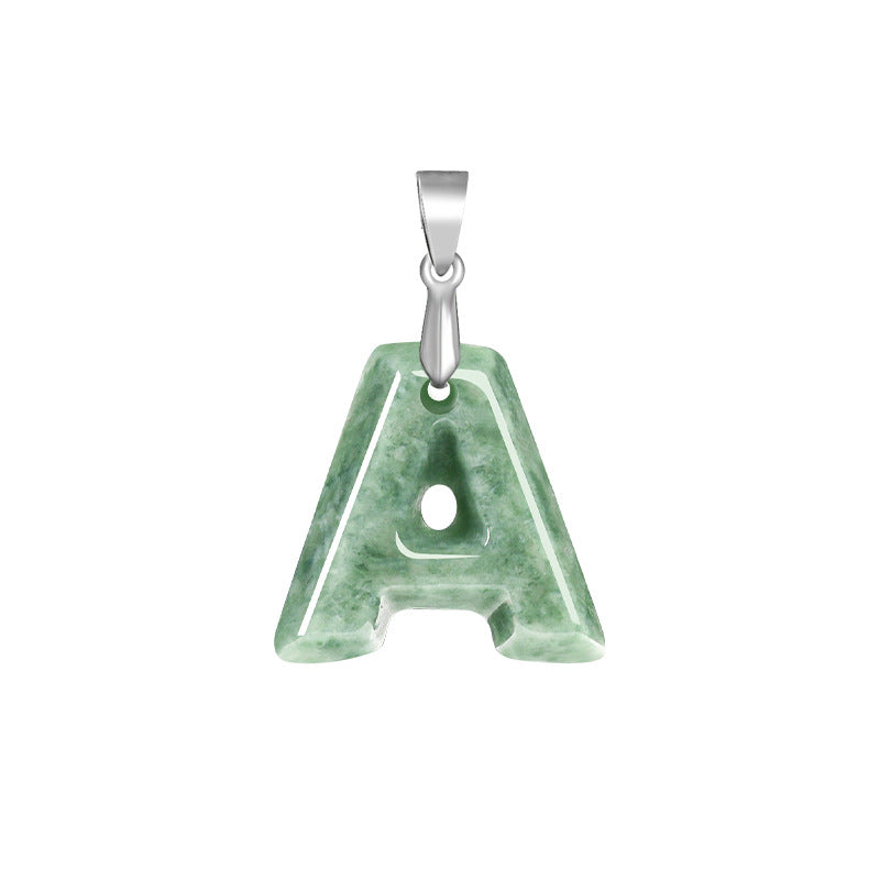 Grade A Jadeite Jade Alphabet Letter S925 Silver Bail Pendant Necklace