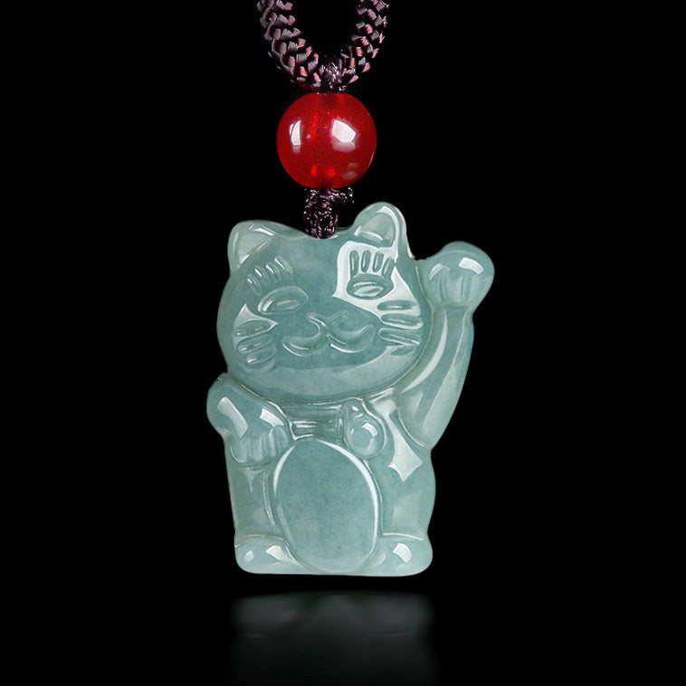 Blue Water Jadeite Jade Lucky Cat Pendant Necklace