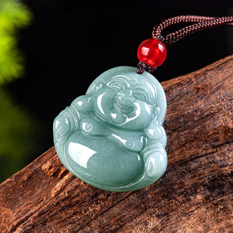 Blue Water Ice Jadeite Jade Guanyin and Laughing Buddha Pendant Necklace Set