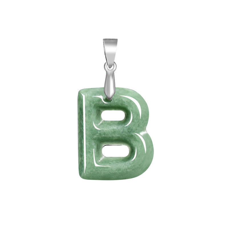 Grade A Jadeite Jade Alphabet Letter S925 Silver Bail Pendant Necklace