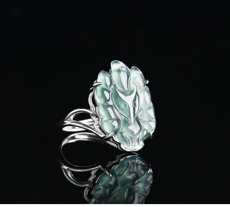 S925 Sterling Silver Set Grade A Ice-Type Blue Water Jadeite Jade Nine-Tailed Fox Adjustable Ring