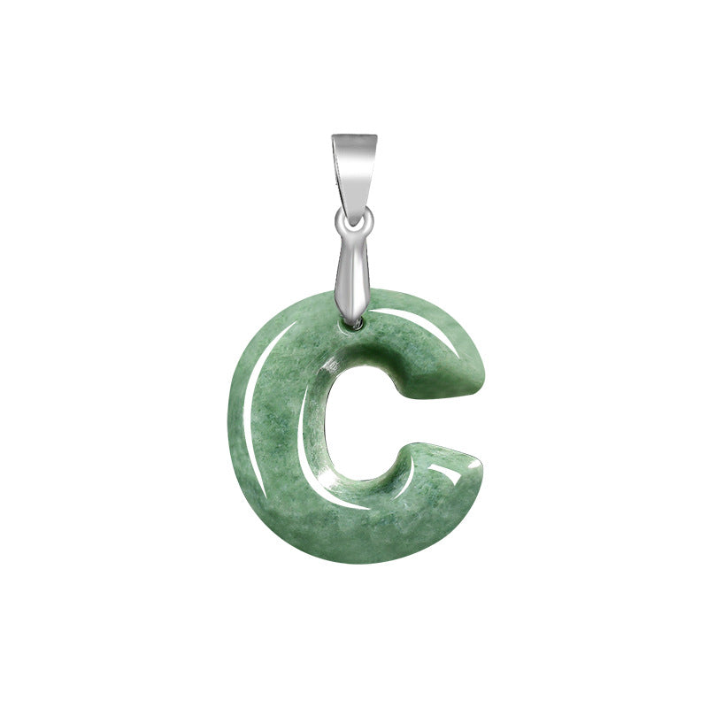 Grade A Jadeite Jade Alphabet Letter S925 Silver Bail Pendant Necklace