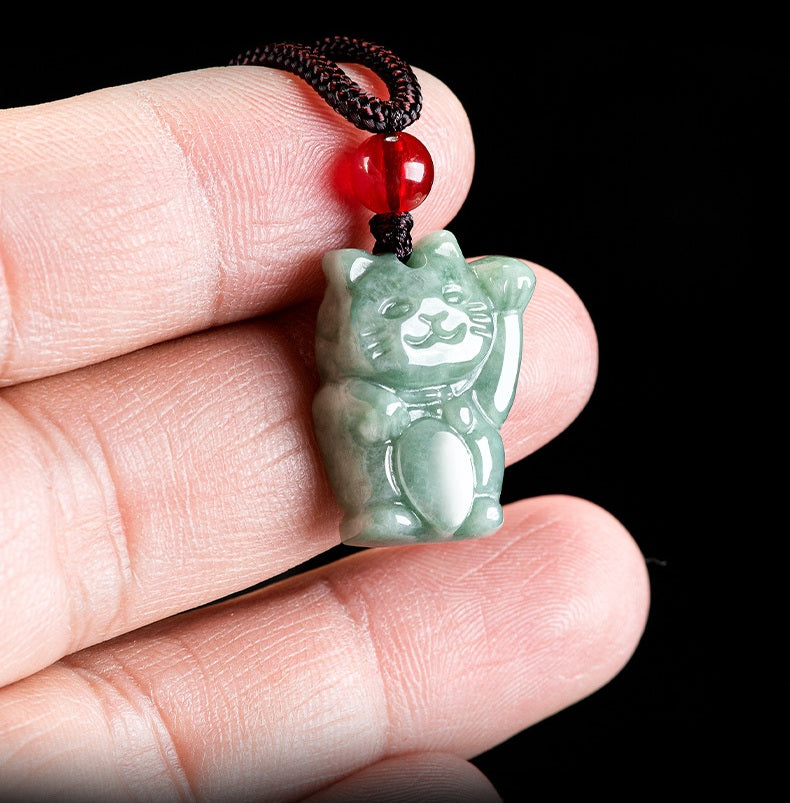 Blue Water Jadeite Jade Lucky Cat Pendant Necklace