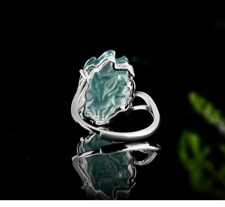 S925 Sterling Silver Set Grade A Ice-Type Blue Water Jadeite Jade Nine-Tailed Fox Adjustable Ring