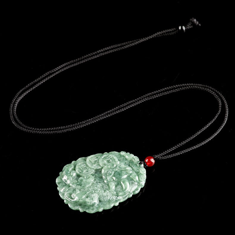 Grade A Ice Jadeite Jade Pixiu & Triple Wealth Coins Pendant Necklace