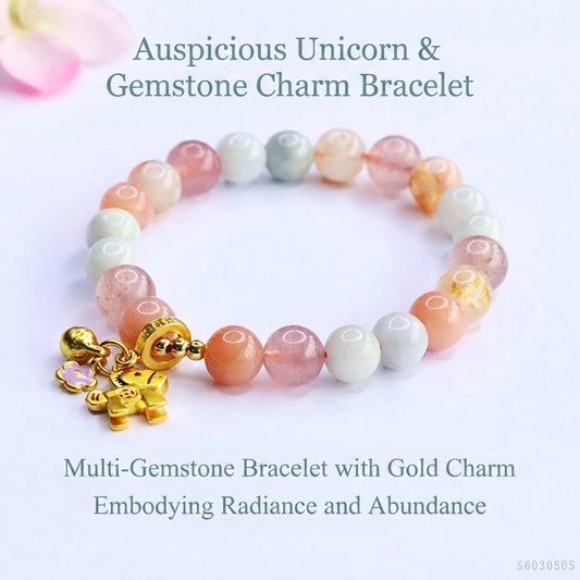 Burmese Grade A Jadeite and Strawberry Quartz Multi-Gemstone Beaded Bracelet with Horse Charm