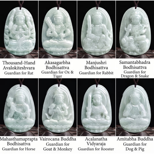 Grade A Jadeite Jade Eight Guardian Deities Zodiac Protector Pendant Necklace Collection
